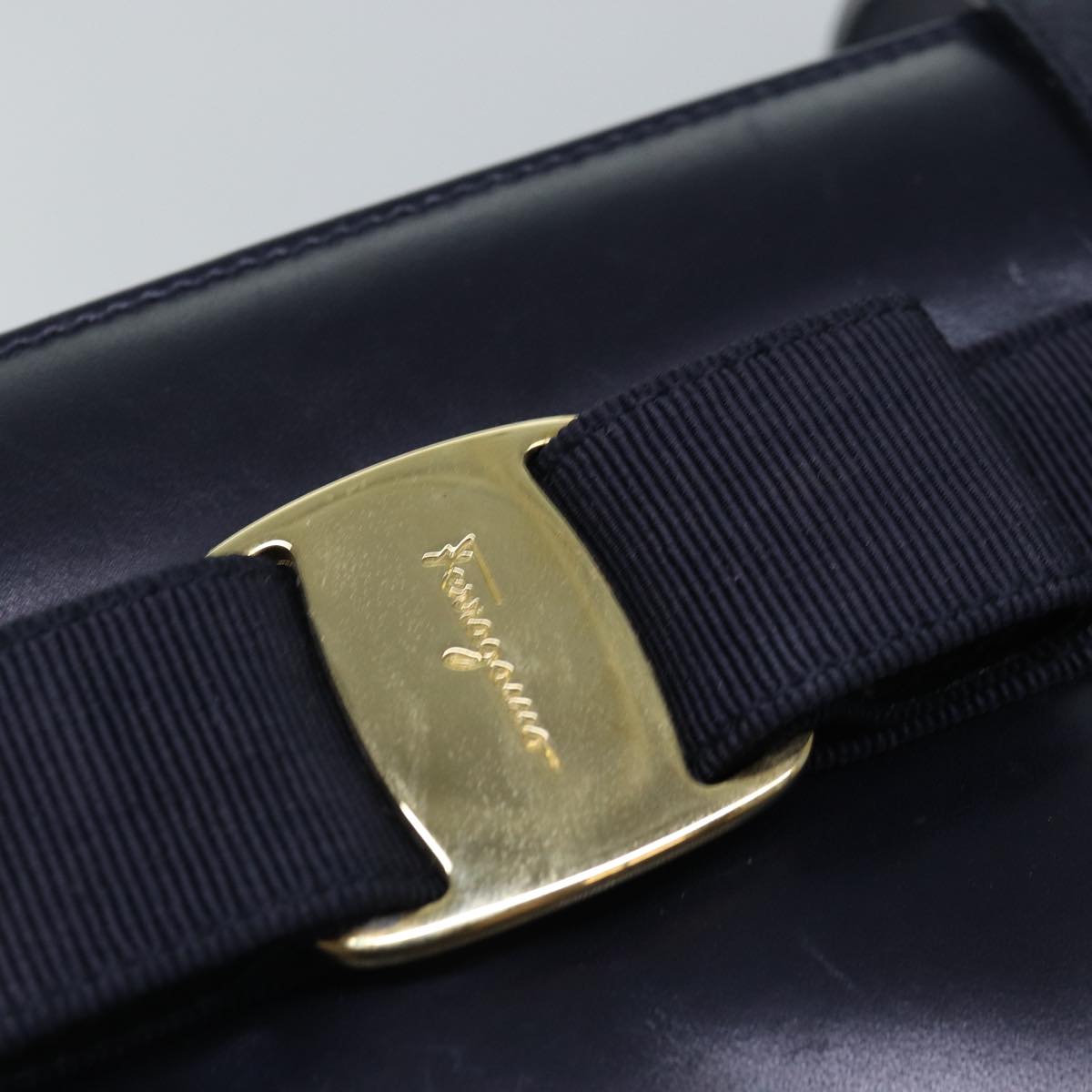 Salvatore Ferragamo Shoulder Bag Leather Navy Gold Auth hk1634