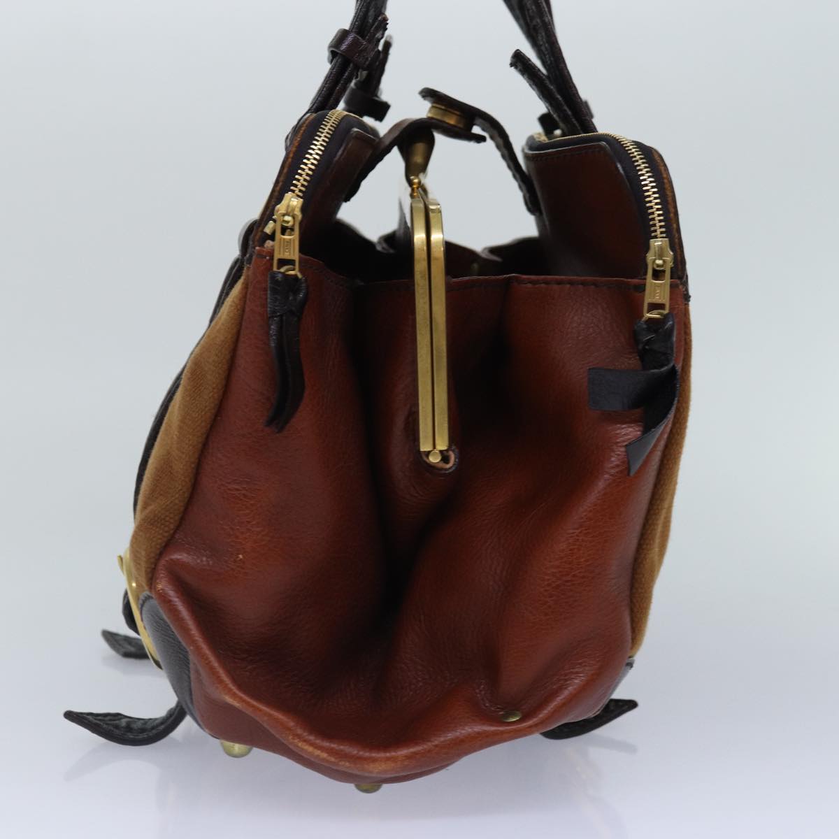 Chloe Hand Bag Canvas Leather Brown Gold Auth hk1638