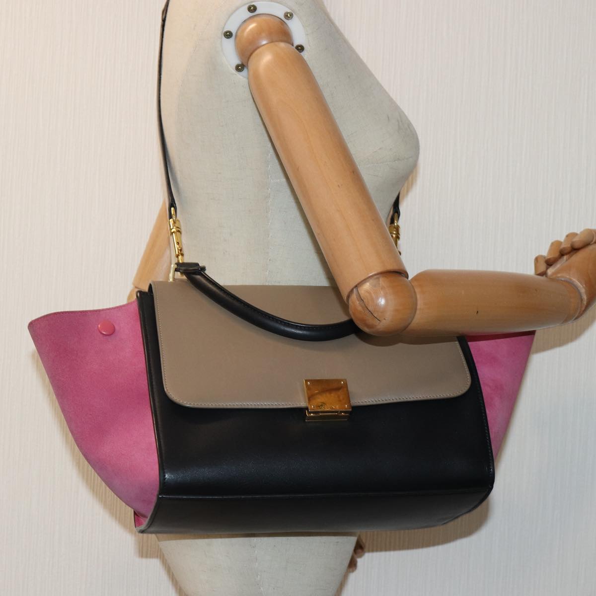 CELINE Trapeze Hand Bag Leather Suede 2way Pink Beige gold Auth hk1640