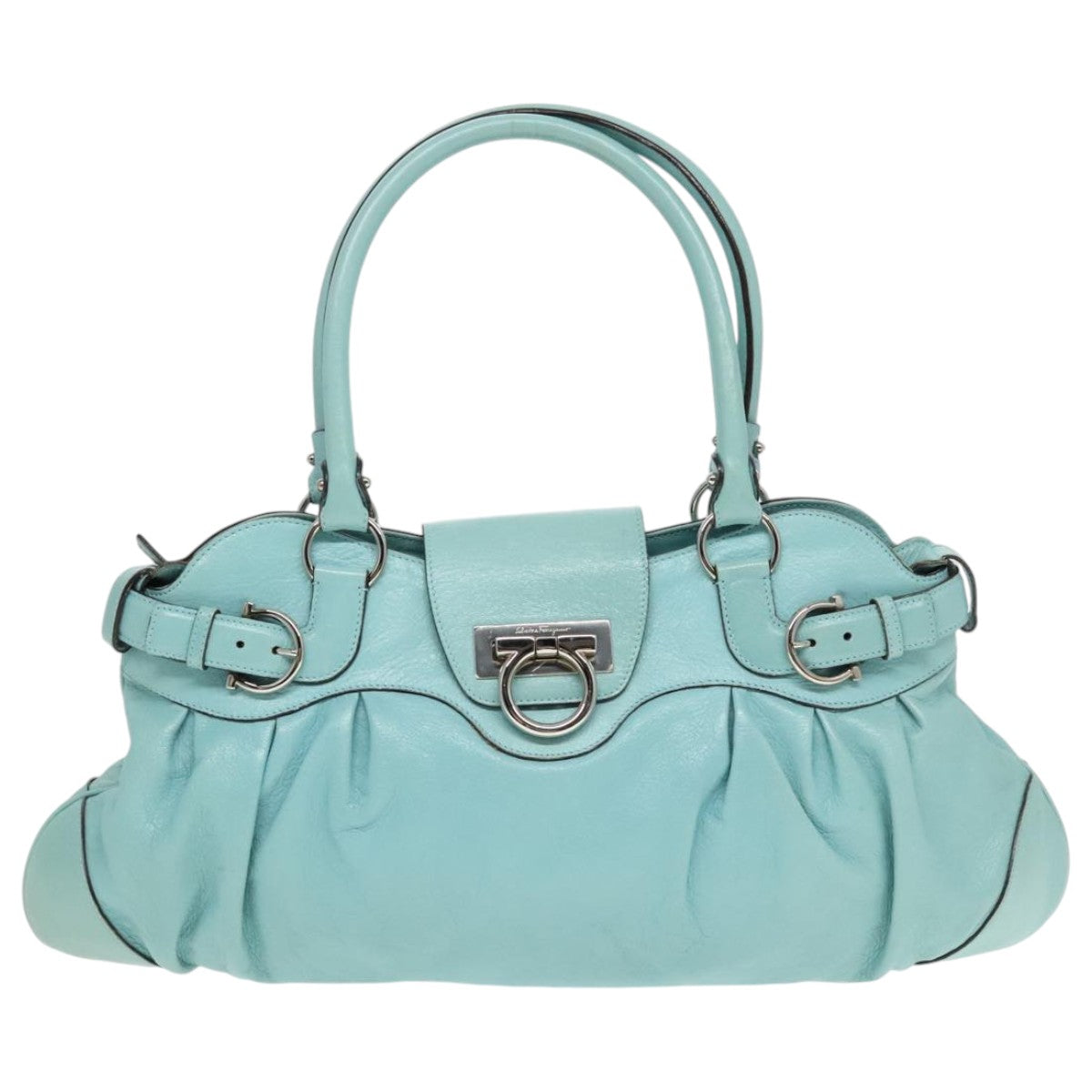 Salvatore Ferragamo Gancini Hand Bag Leather Turquoise Blue Silver Auth hk1652 - 0