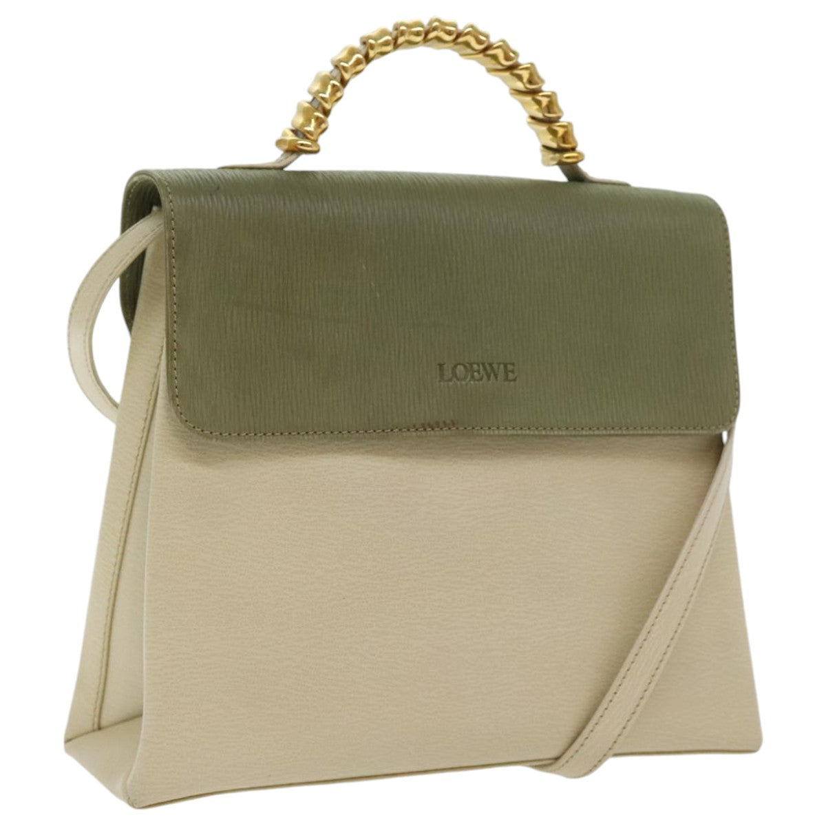 LOEWE Hand Bag Leather Green Beige Auth hk1655