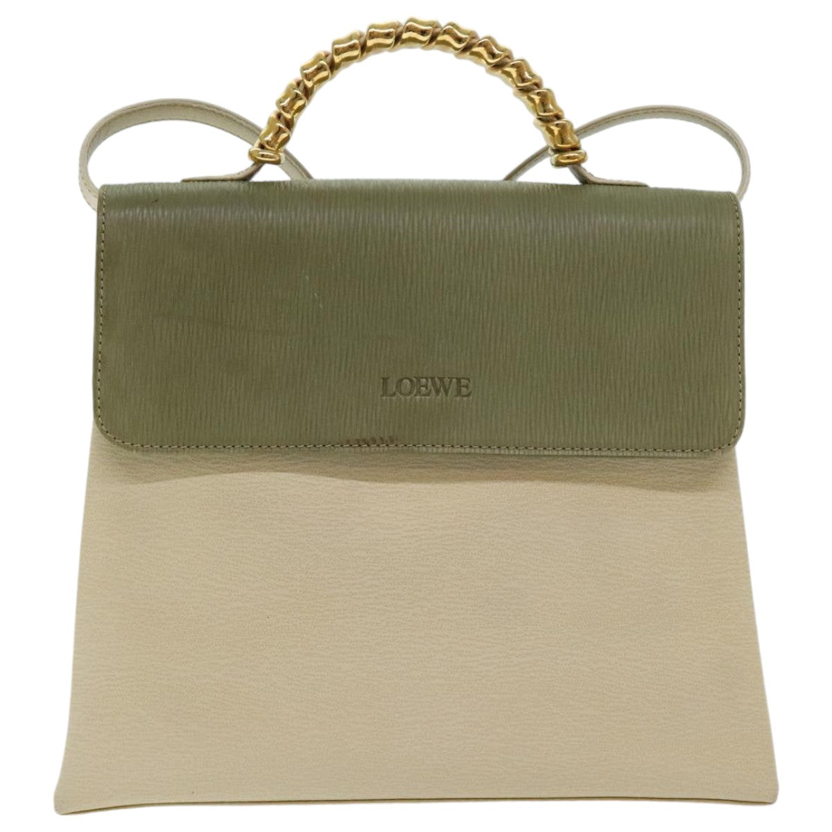 LOEWE Hand Bag Leather Green Beige Auth hk1655