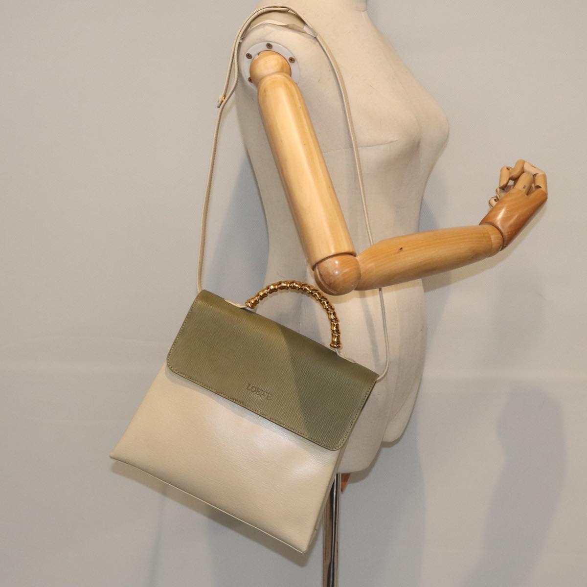 LOEWE Hand Bag Leather Green Beige Auth hk1655