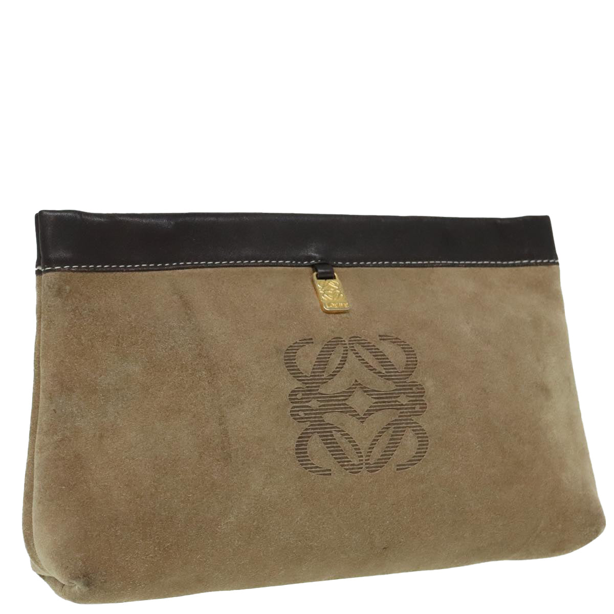 LOEWE anagram Clutch Bag Leather Beige Auth hk1656