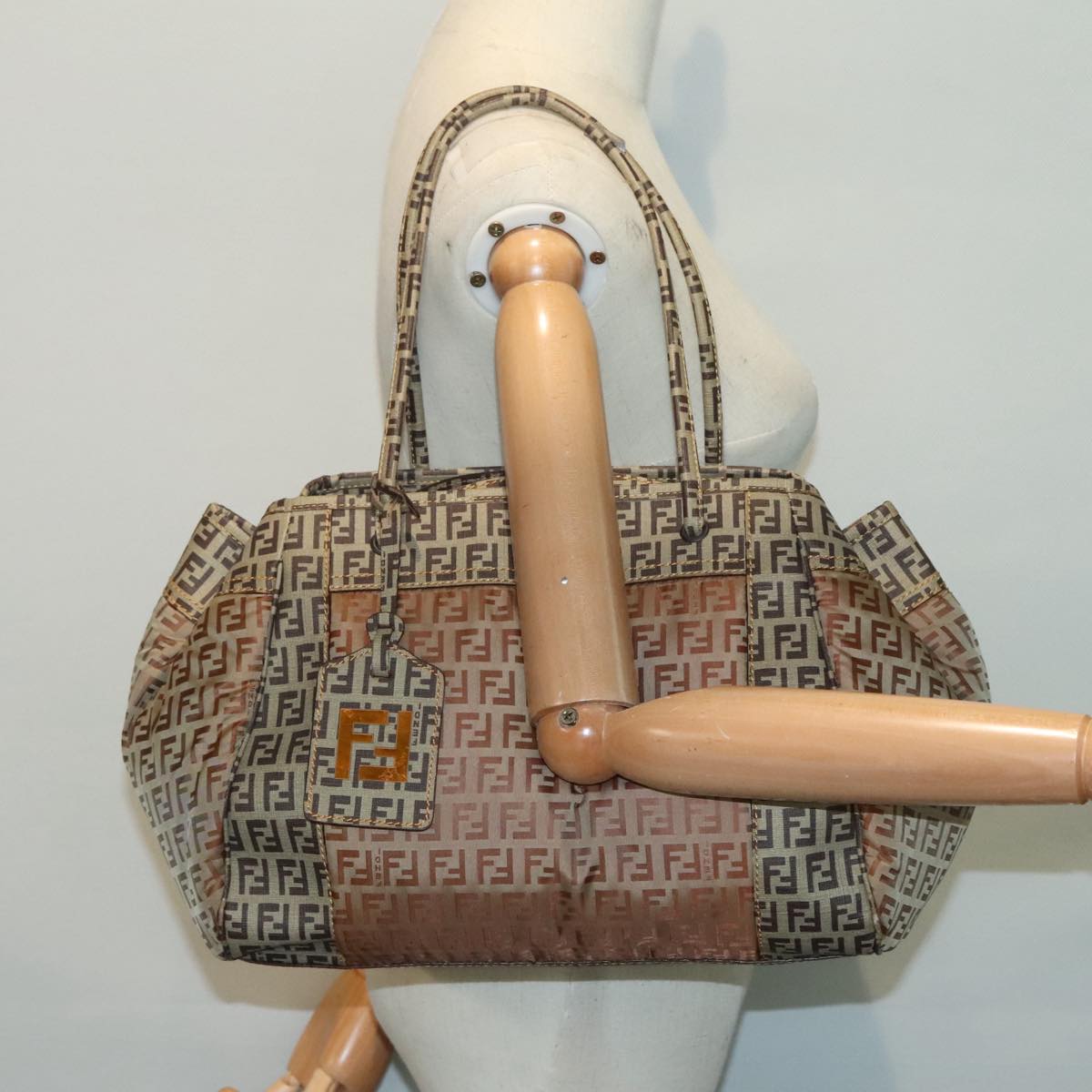 FENDI Zucchino Tote Bag Nylon Beige 8BN174 Auth hk1659