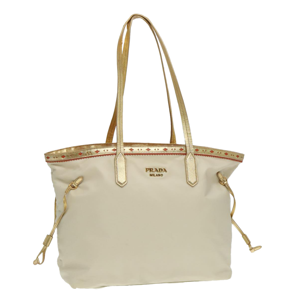 PRADA Tote Bag Nylon Beige Gold Tone Auth hk1671