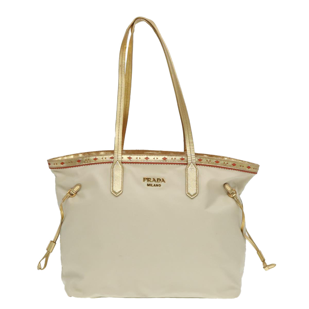 PRADA Tote Bag Nylon Beige Gold Tone Auth hk1671