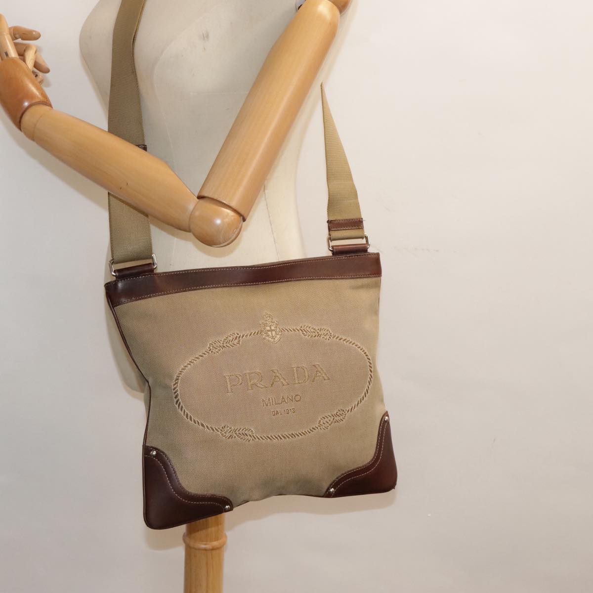 PRADA Shoulder Bag Canvas Beige Auth hk1672