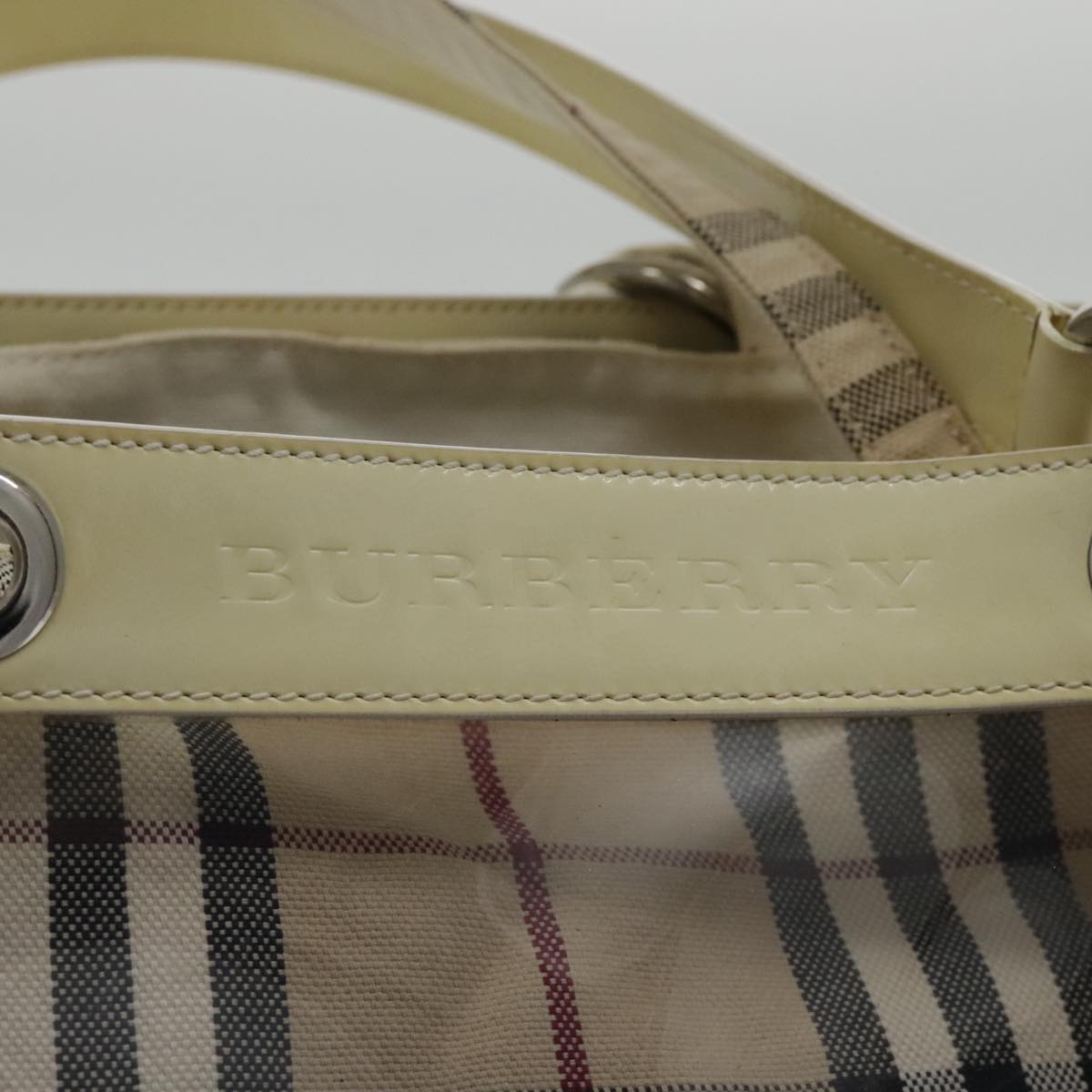 BURBERRY Nova Check Bag Vinyl Canvas Leather Clear Beige Silver Auth hk1701