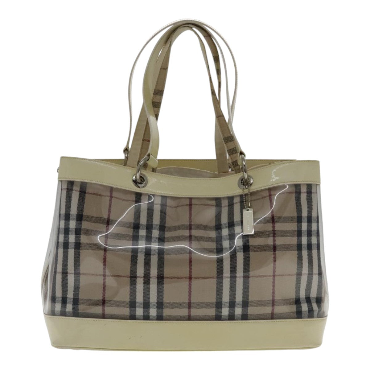 BURBERRY Nova Check Bag Vinyl Canvas Leather Clear Beige Silver Auth hk1701