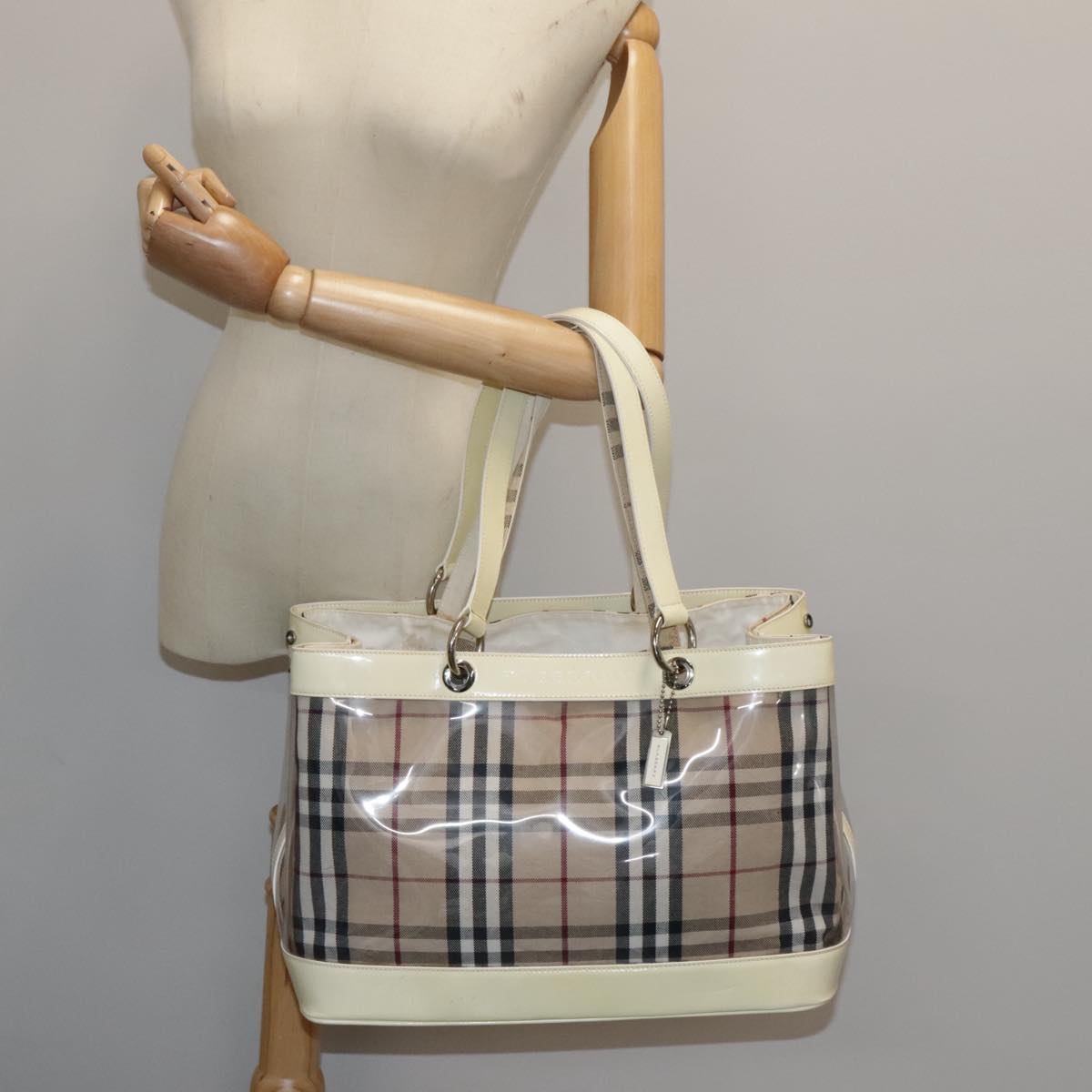 BURBERRY Nova Check Bag Vinyl Canvas Leather Clear Beige Silver Auth hk1701