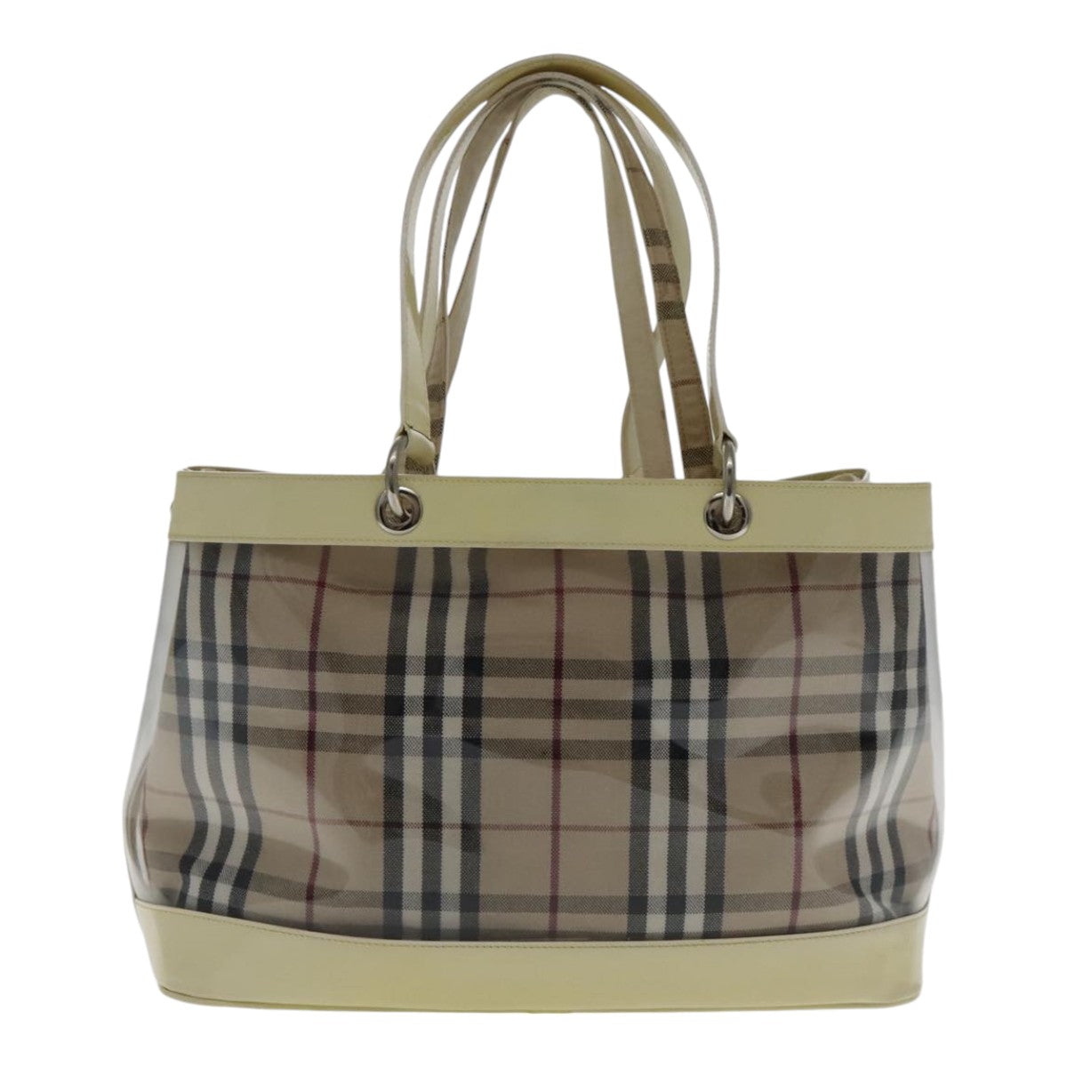 BURBERRY Nova Check Bag Vinyl Canvas Leather Clear Beige Silver Auth hk1701 - 0