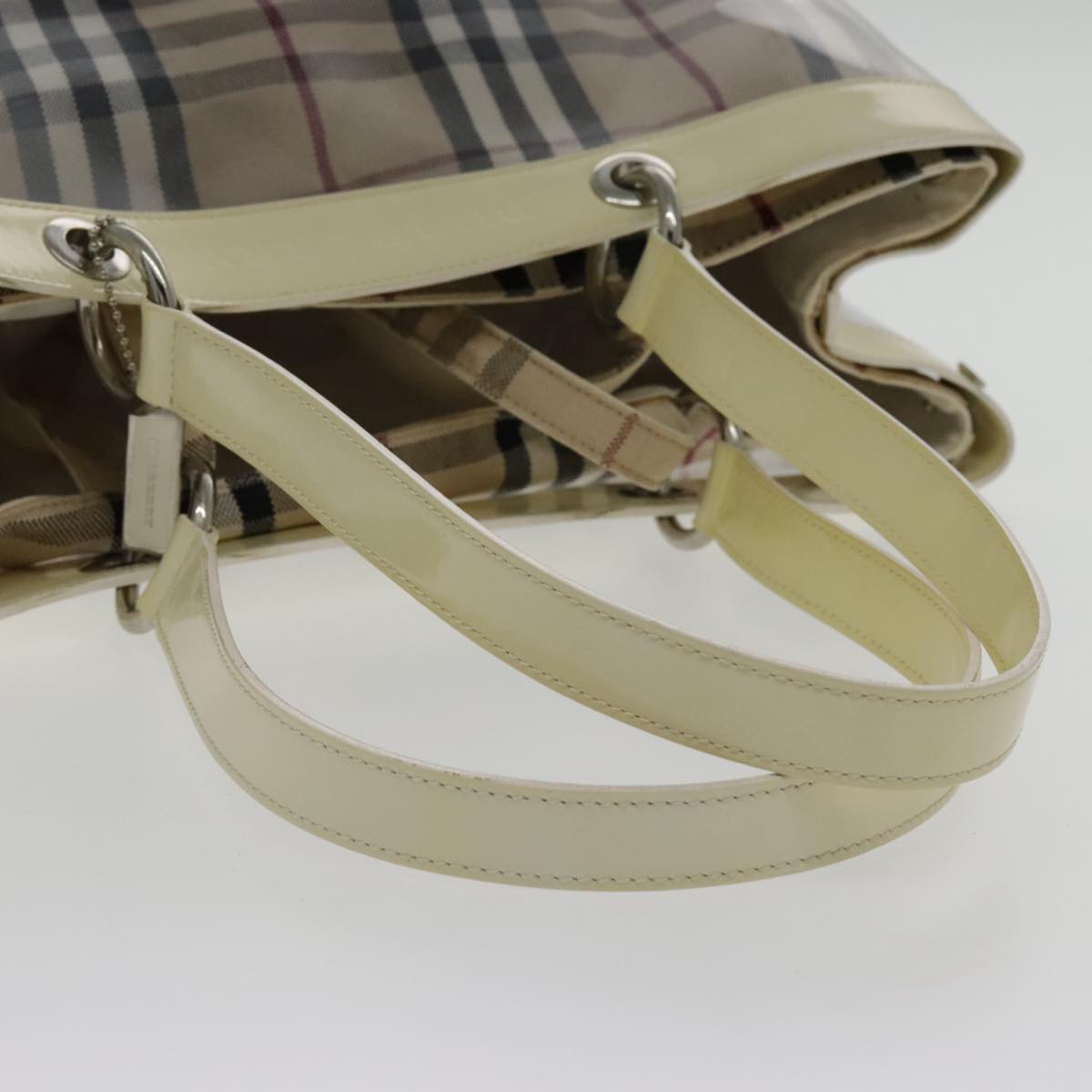 BURBERRY Nova Check Bag Vinyl Canvas Leather Clear Beige Silver Auth hk1701