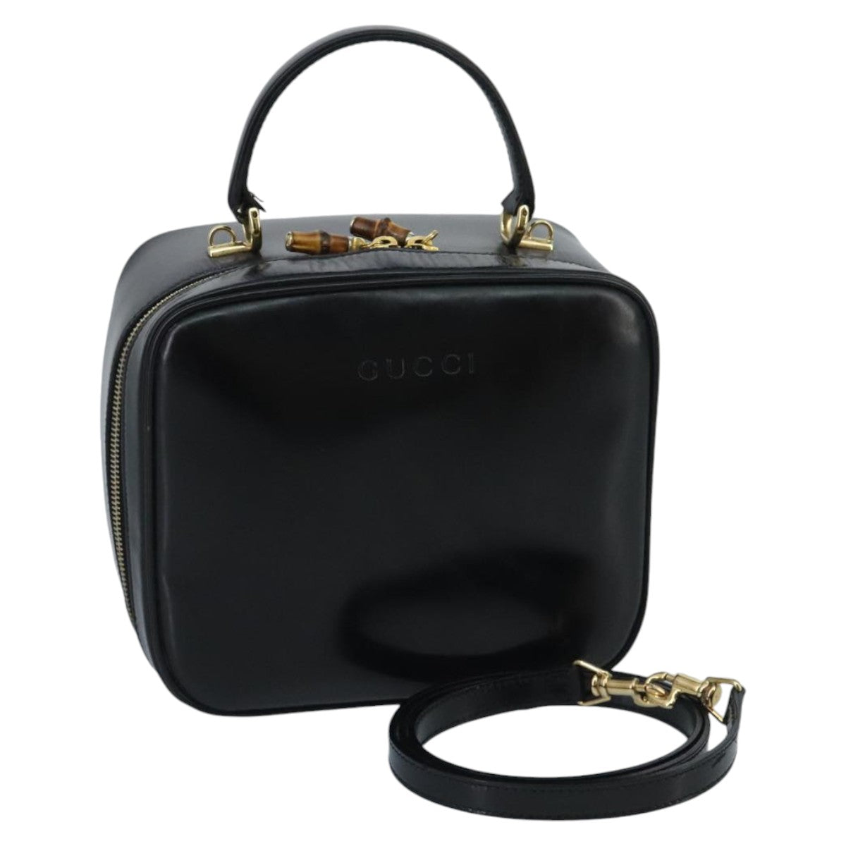 GUCCI Bamboo Vanity Pot Pouch Enamel 2way Black Gold 000 270 0323 Auth hk1713