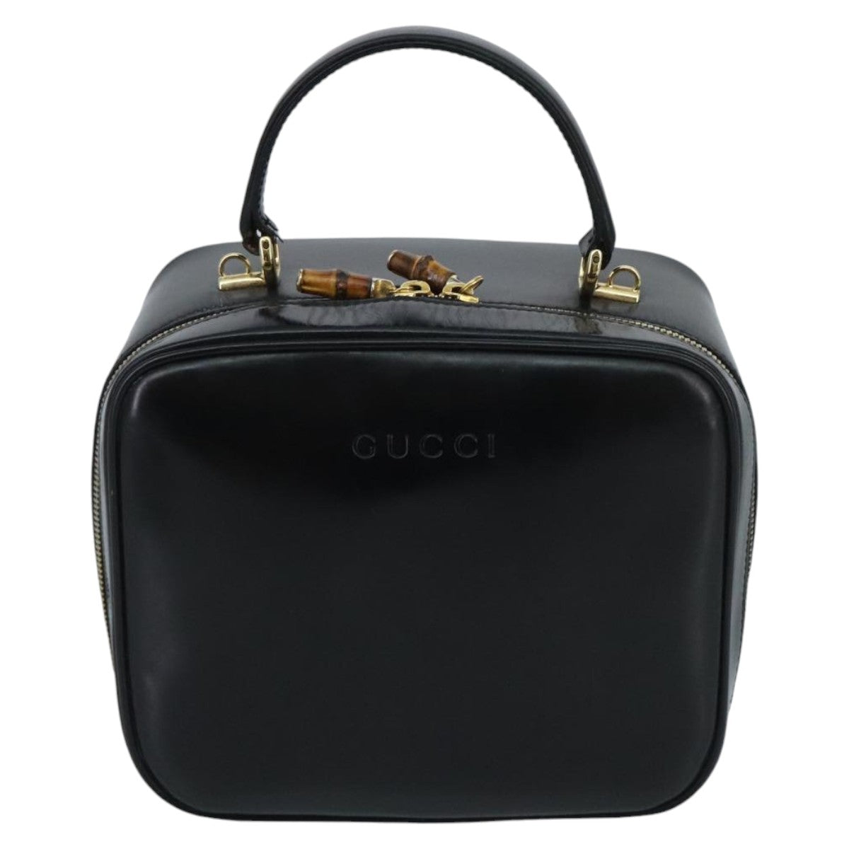 GUCCI Bamboo Vanity Pot Pouch Enamel 2way Black Gold 000 270 0323 Auth hk1713