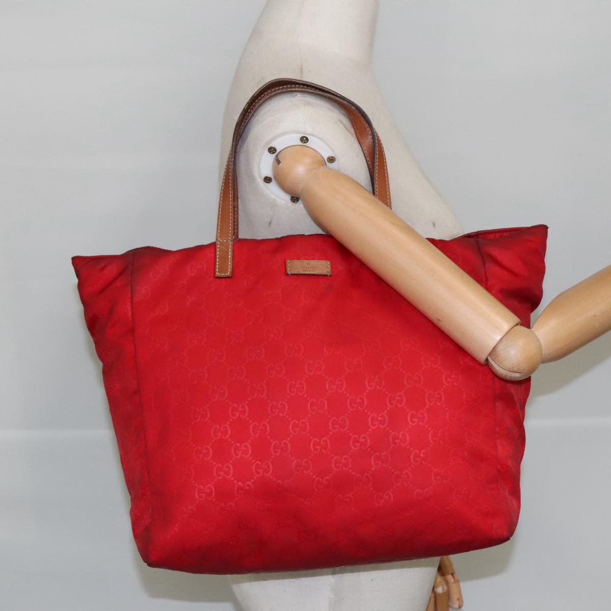 GUCCI GG Canvas Tote Bag Nylon Red Silver 282439 Auth hk1724