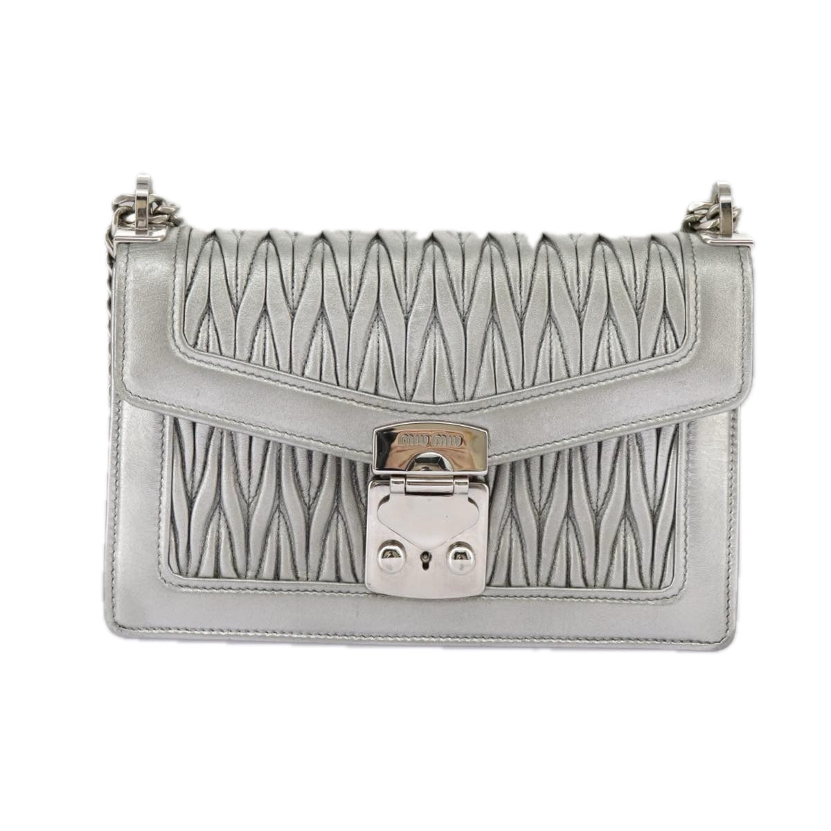 Miu Miu Matelasse Chain Shoulder Bag Leather Silver Auth hk1730