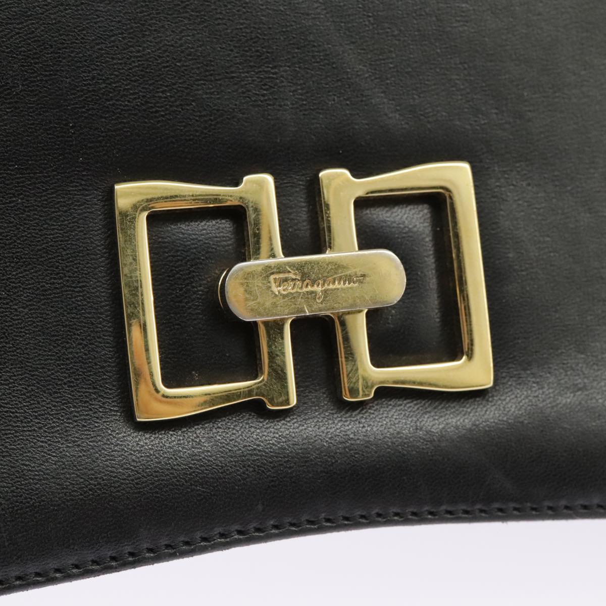 Salvatore Ferragamo Shoulder Bag Leather Black Gold Auth hk1733