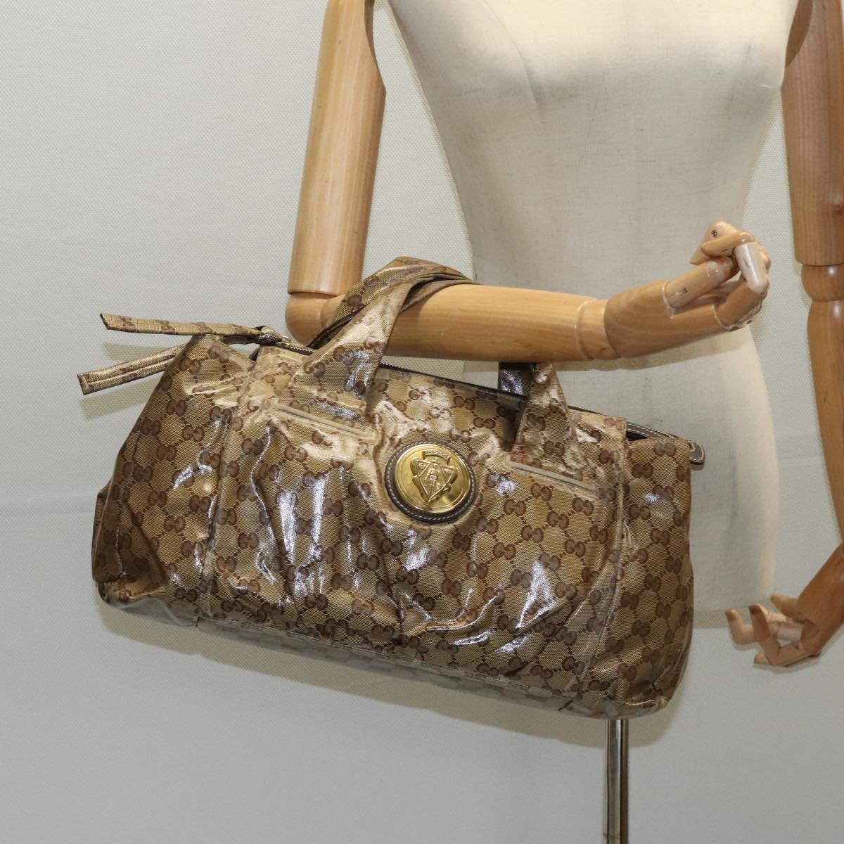 GUCCI GG Crystal Hand Bag Beige Gold 197020 Auth hk1740