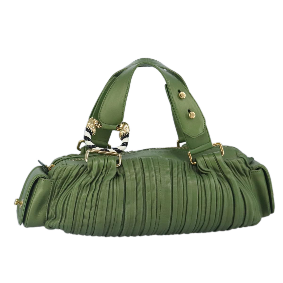 BVLGARI Hand Bag Leather Green Auth hk1751