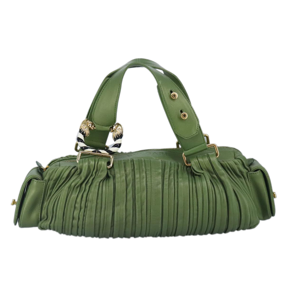 BVLGARI Hand Bag Leather Green Auth hk1751