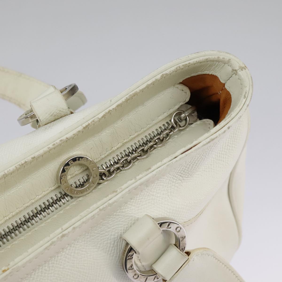 BVLGARI Tote Bag Leather White Silver Auth hk1752