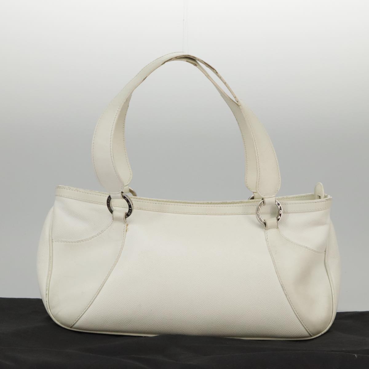 BVLGARI Tote Bag Leather White Silver Auth hk1752