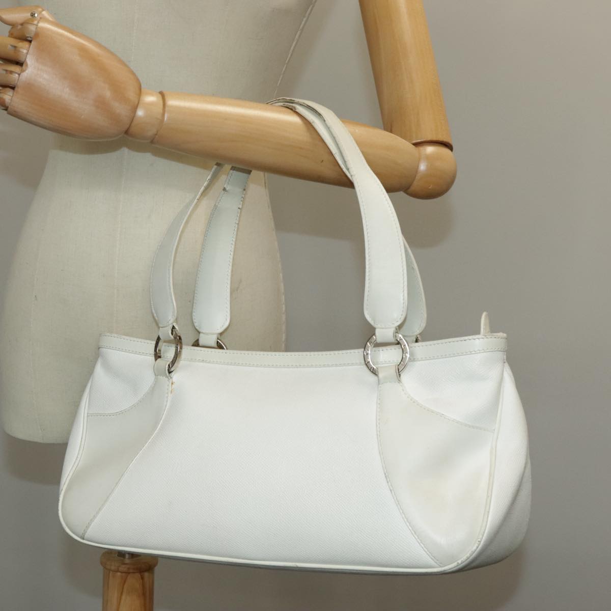 BVLGARI Tote Bag Leather White Silver Auth hk1752