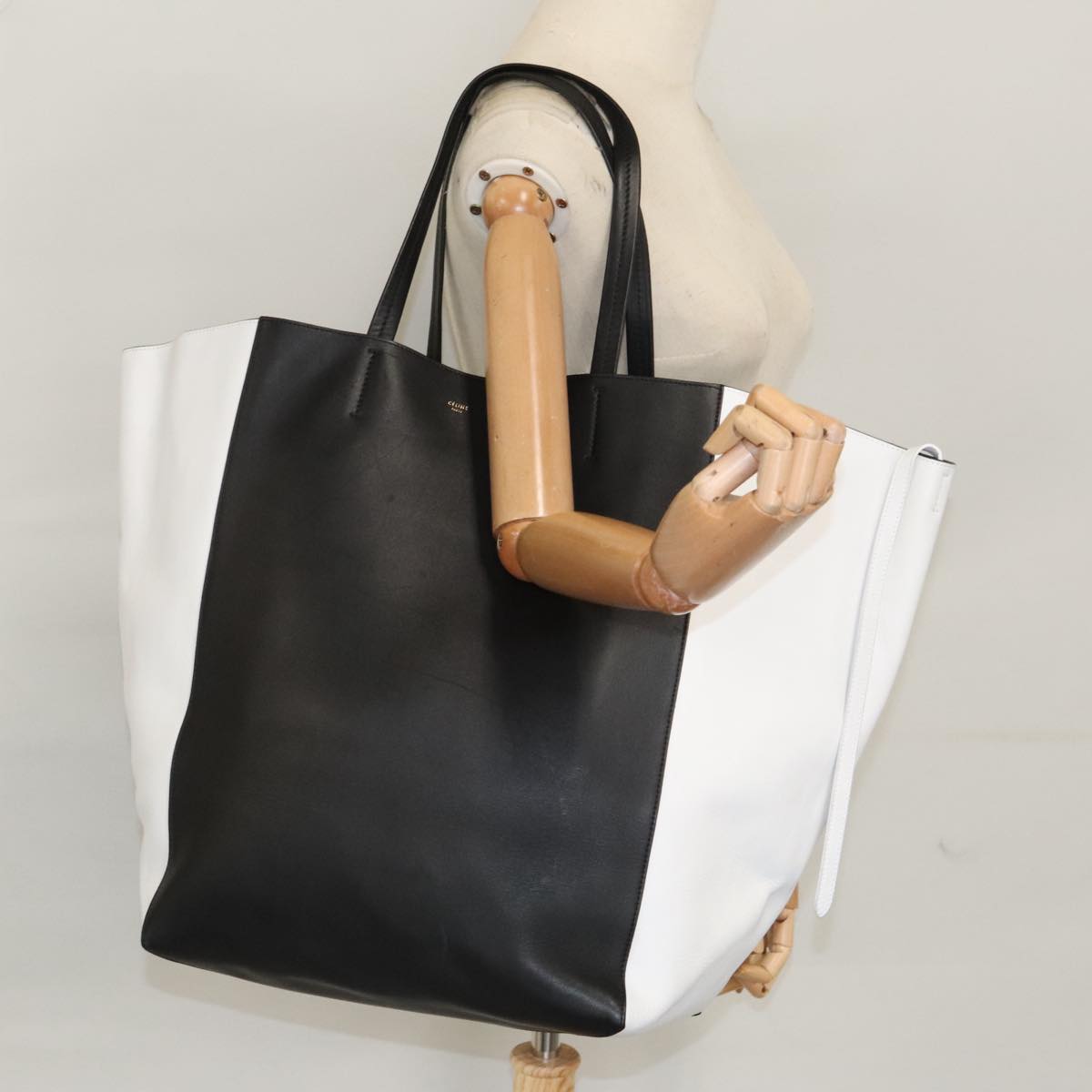 CELINE Horizontalkava Tote Bag Leather 2way White Black Auth hk1769