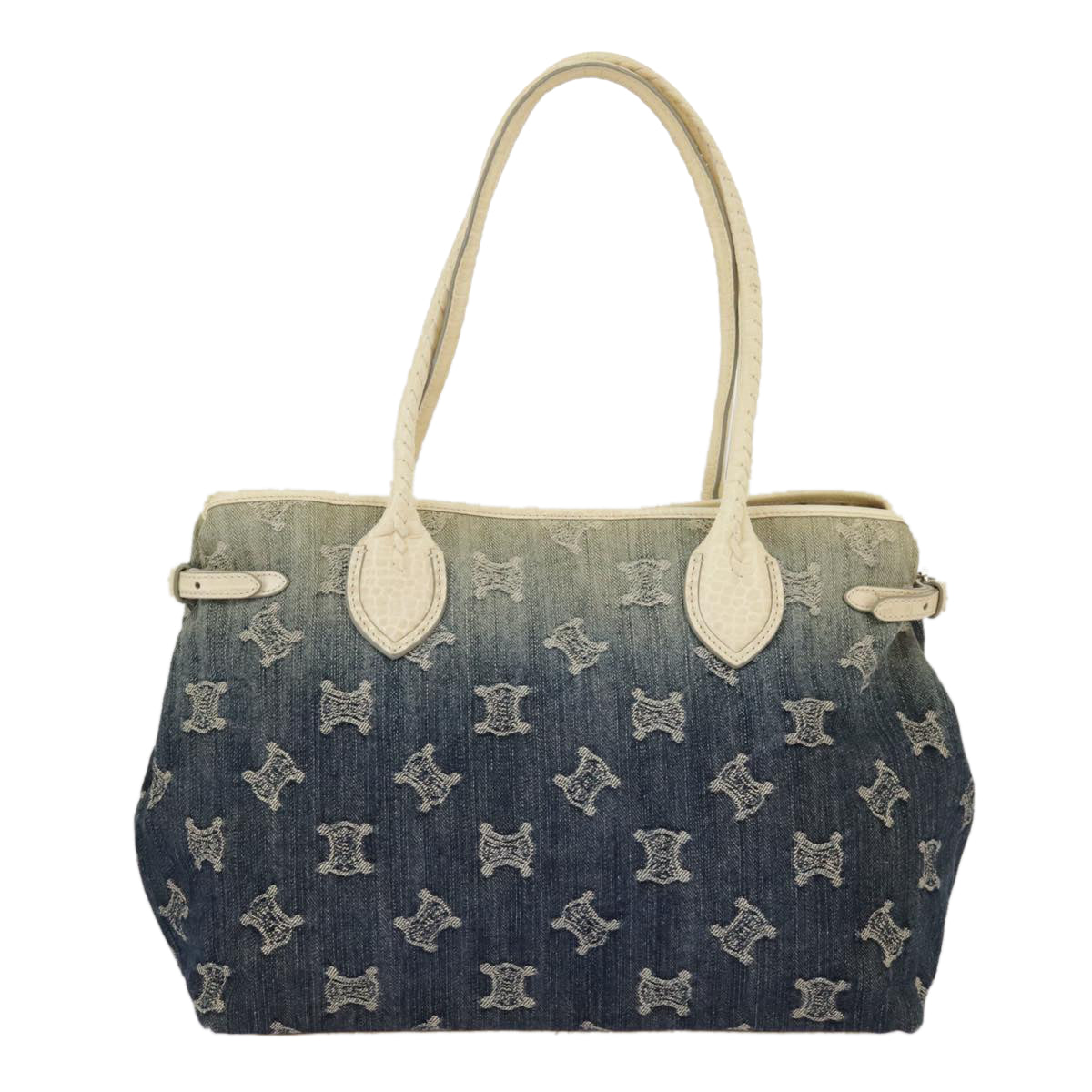 CELINE Paris Macadam Canvas Tote Bag Denim Blue Beige Silver Auth hk1772 - 0