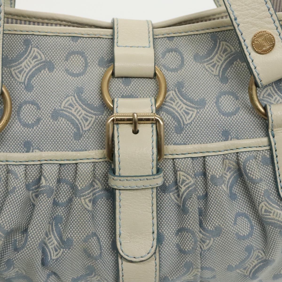 CELINE C Macadam Canvas Tote Bag Blue White Gold Auth hk1773