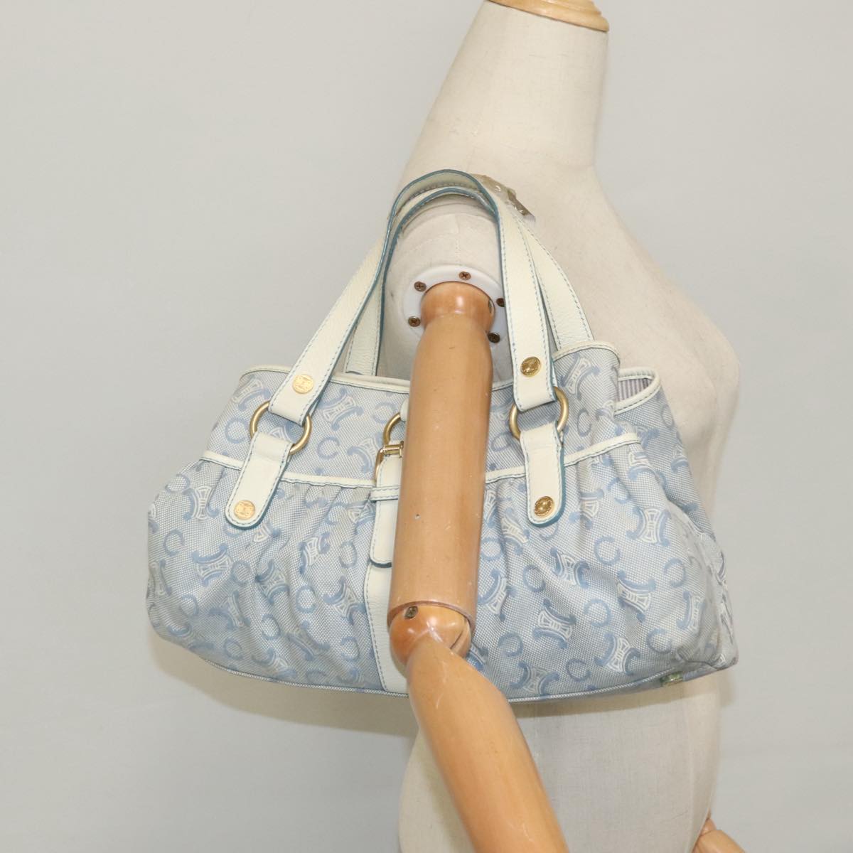 CELINE C Macadam Canvas Tote Bag Blue White Gold Auth hk1773