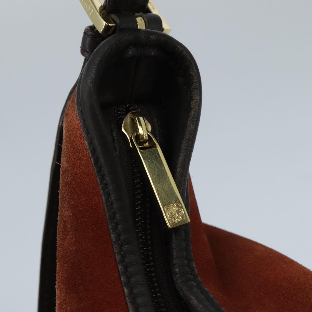 LOEWE Anagram Shoulder Bag Suede Leather Orange Dark Brown Gold Auth hk1779