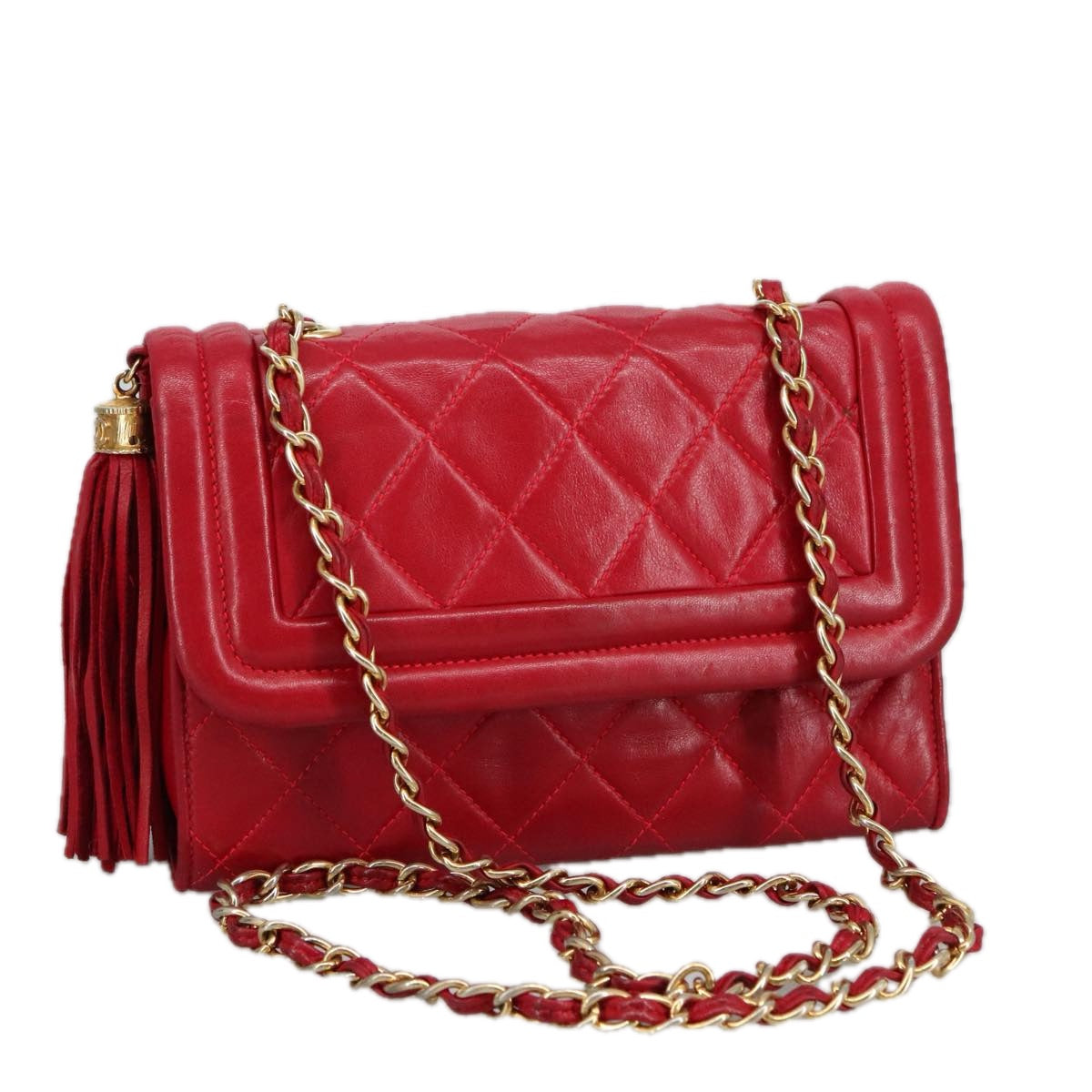 CHANEL Matelasse Chain Shoulder Bag Lamb Skin Red Gold CC Auth hk1785