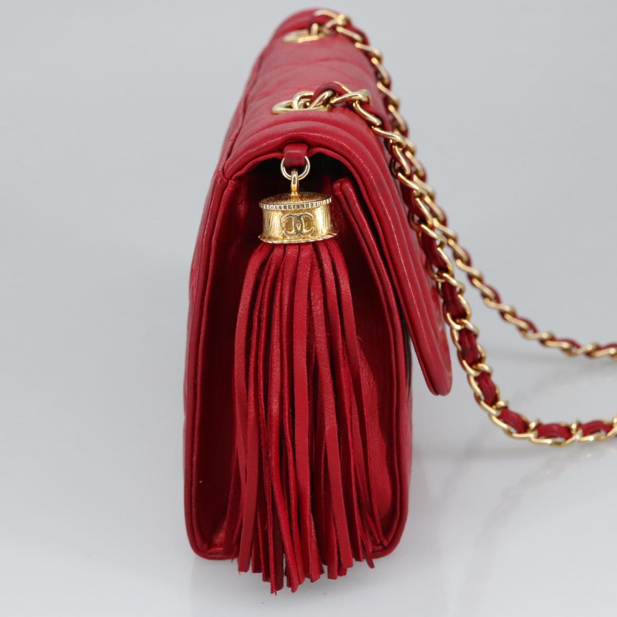 CHANEL Matelasse Chain Shoulder Bag Lamb Skin Red Gold CC Auth hk1785