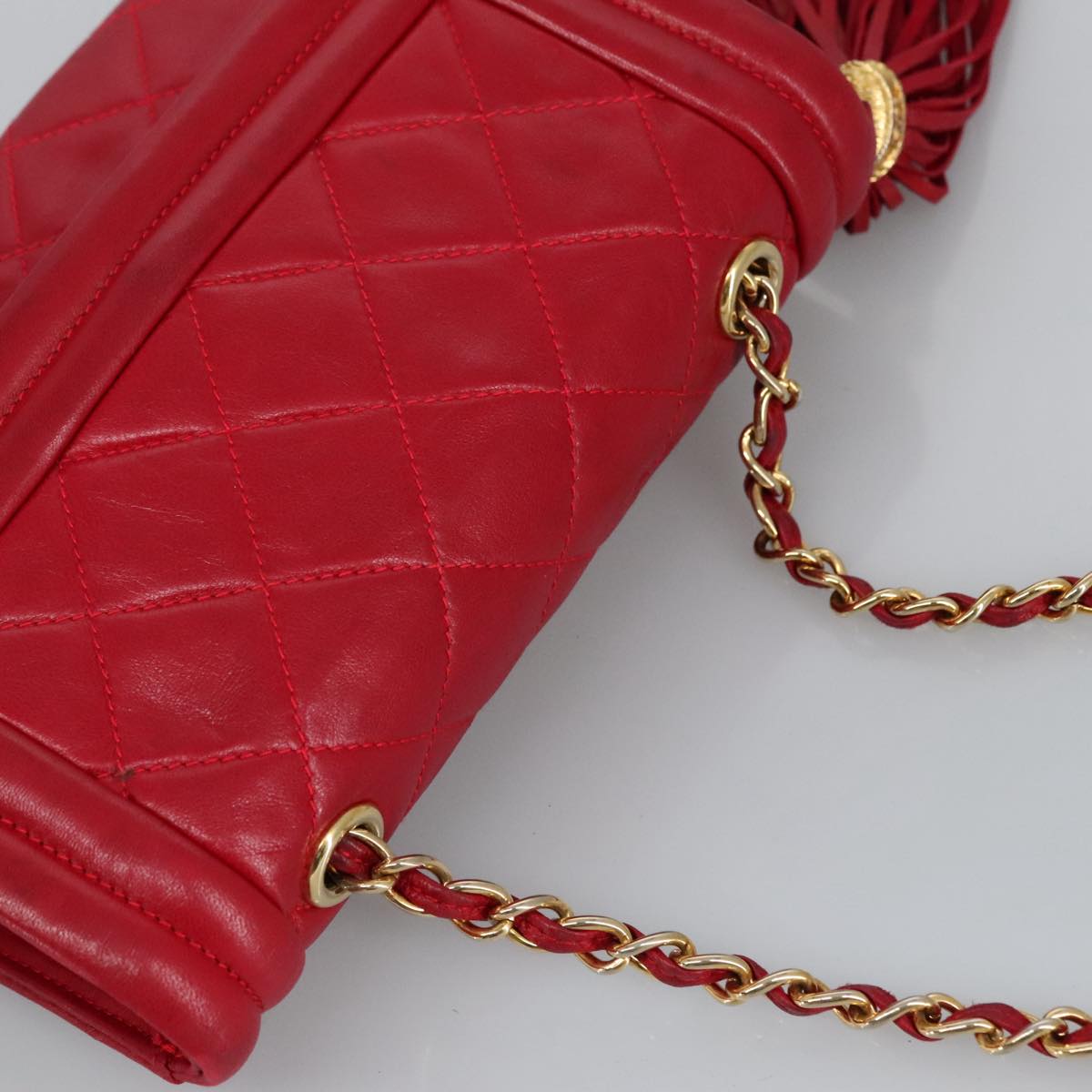 CHANEL Matelasse Chain Shoulder Bag Lamb Skin Red Gold CC Auth hk1785