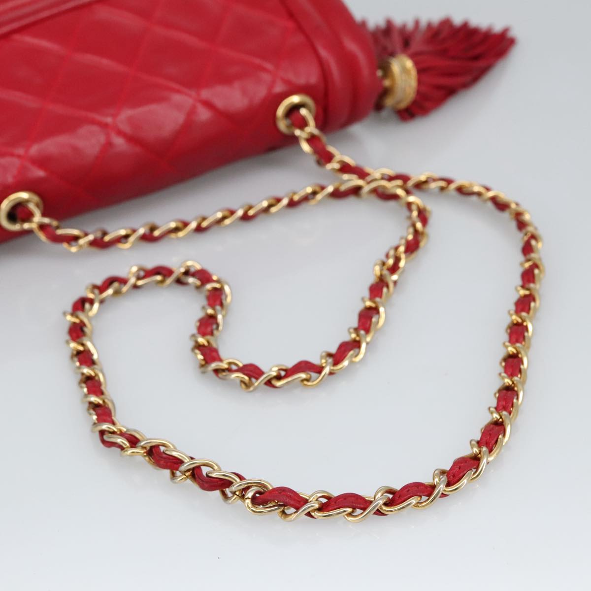 CHANEL Matelasse Chain Shoulder Bag Lamb Skin Red Gold CC Auth hk1785