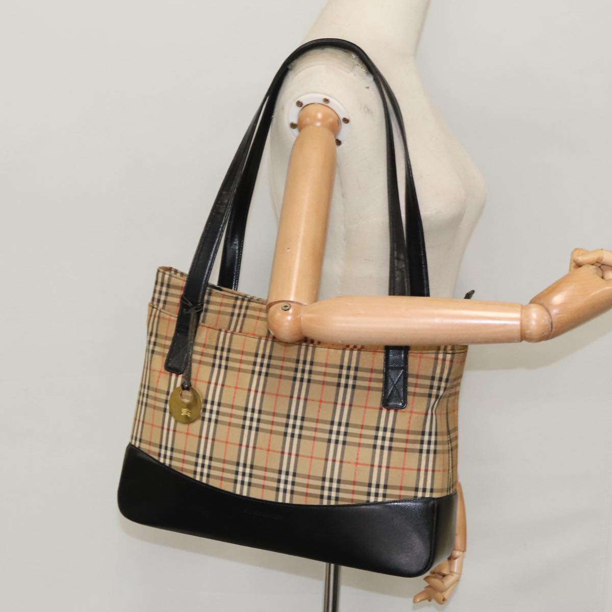 BURBERRY Nova Check Tote Bag Canvas Leather Beige Black Gold Auth hk1789