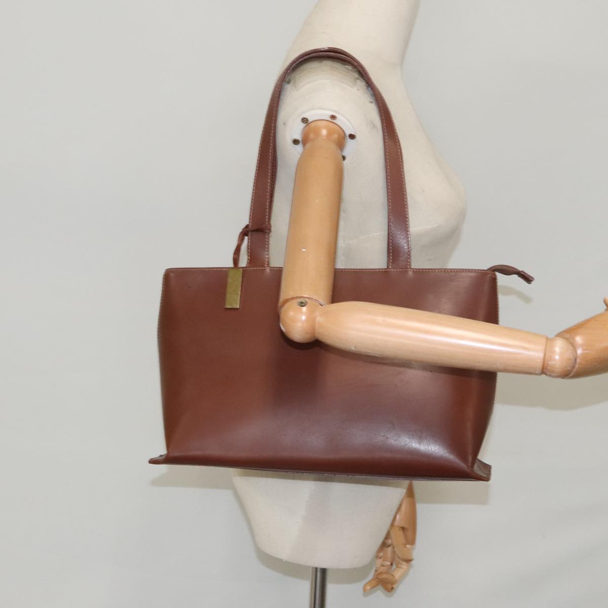 BURBERRY Tote Bag Leather Brown Gold Auth hk1793