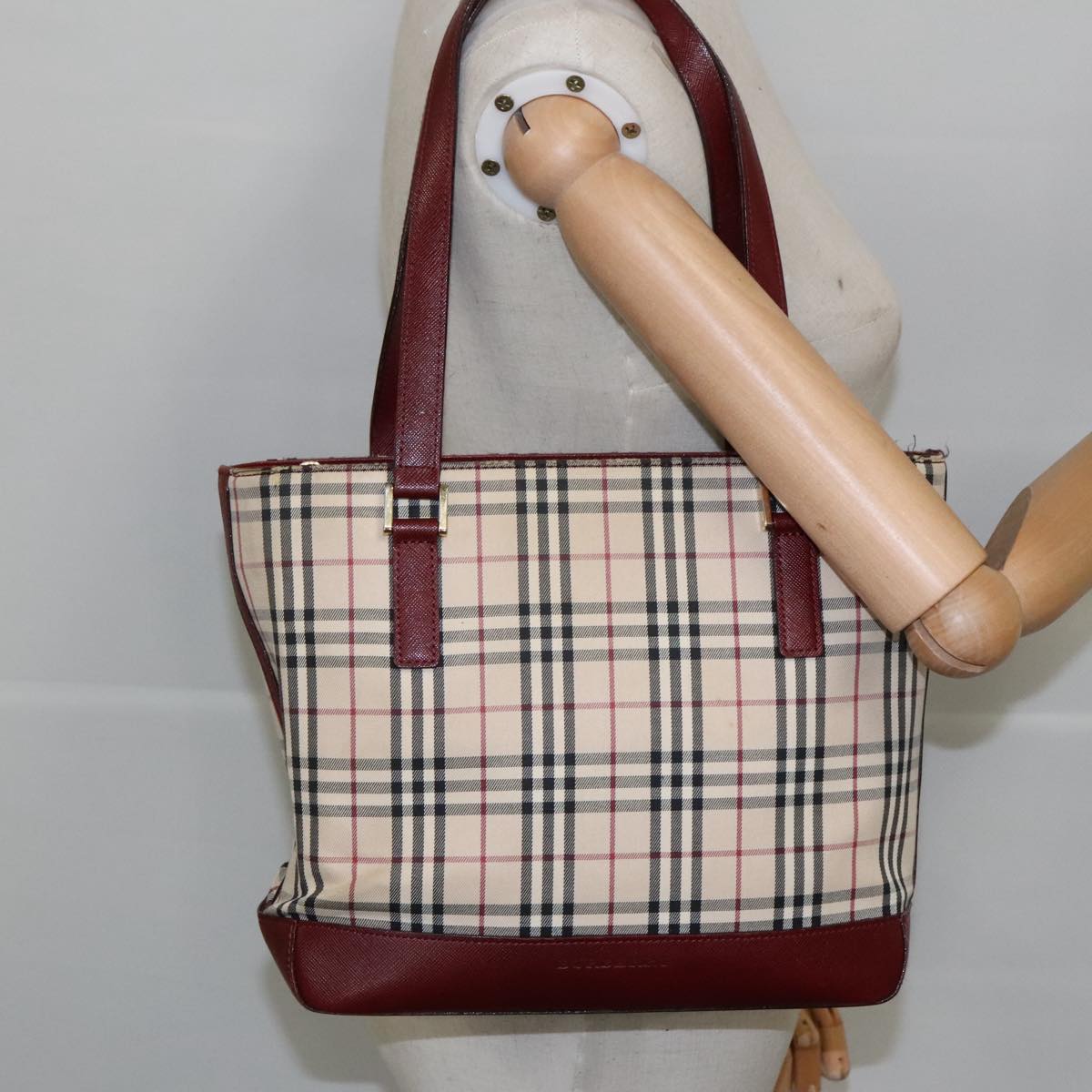 BURBERRY Nova Check Tote Bag Canvas Beige Red Auth hk1795