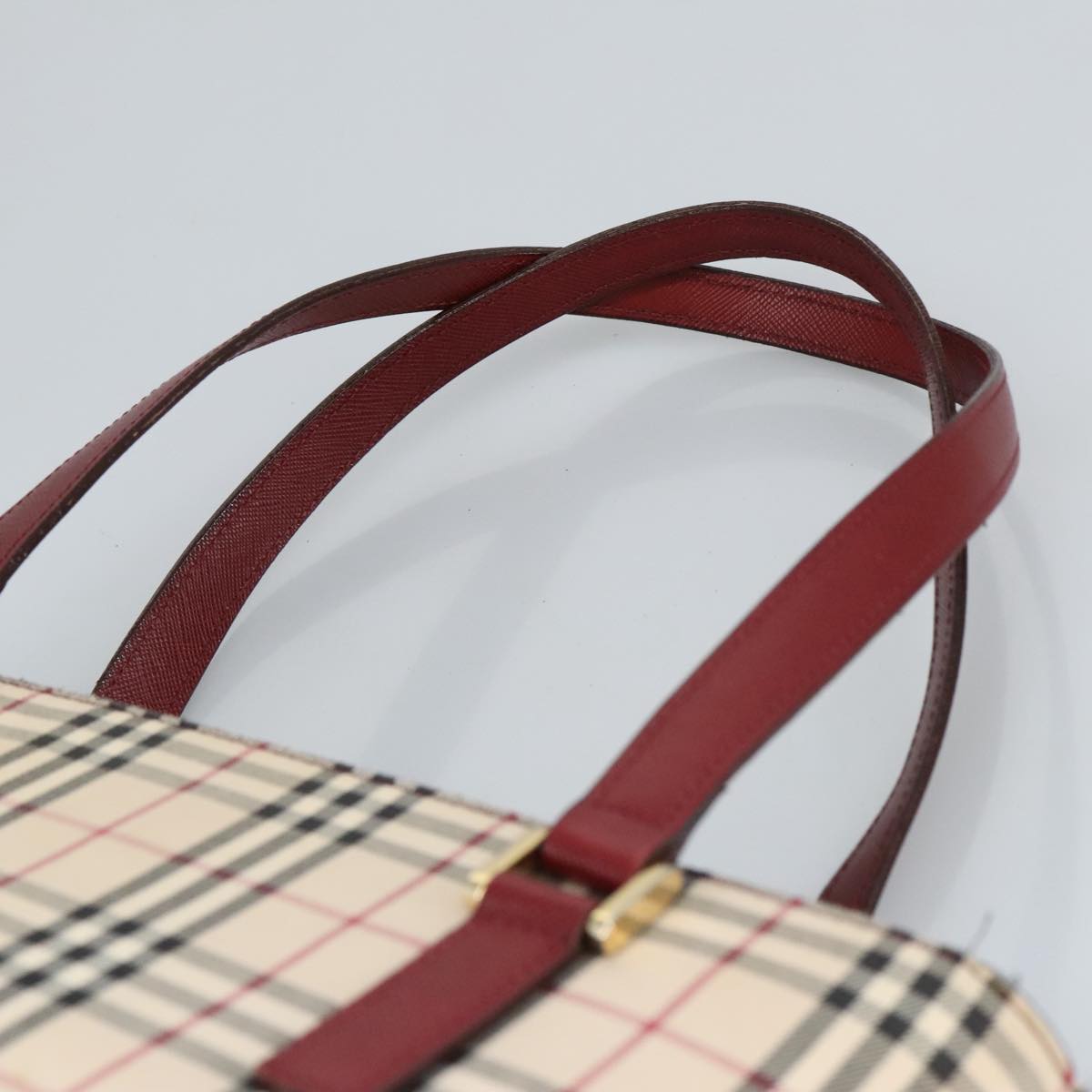 BURBERRY Nova Check Tote Bag Canvas Beige Red Auth hk1795