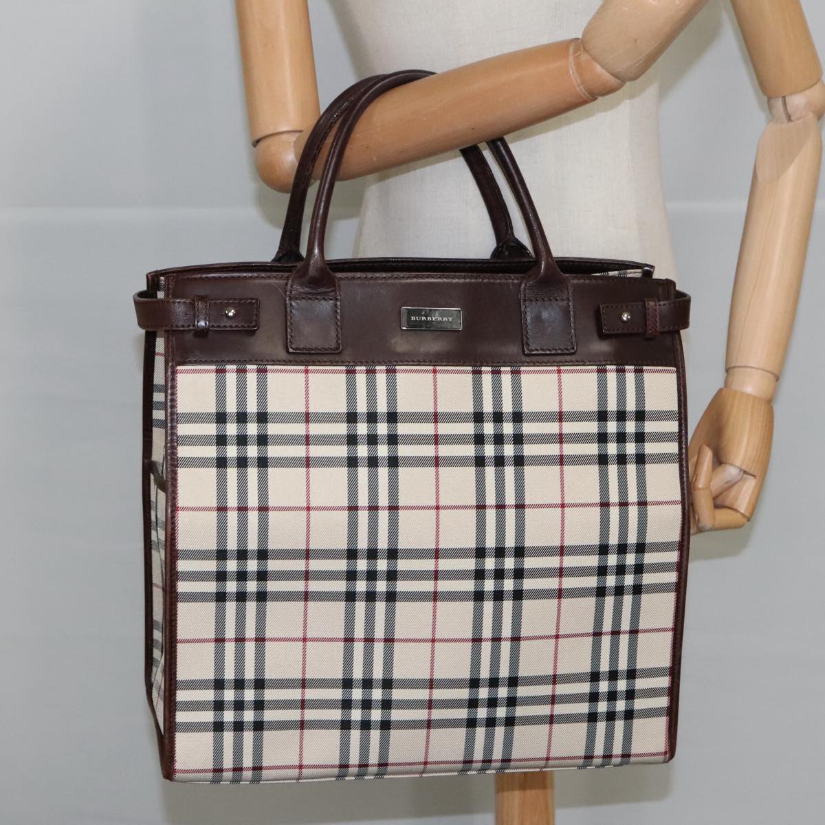 BURBERRY Nova Check Tote Bag Nylon Silver Beige Auth hk1796