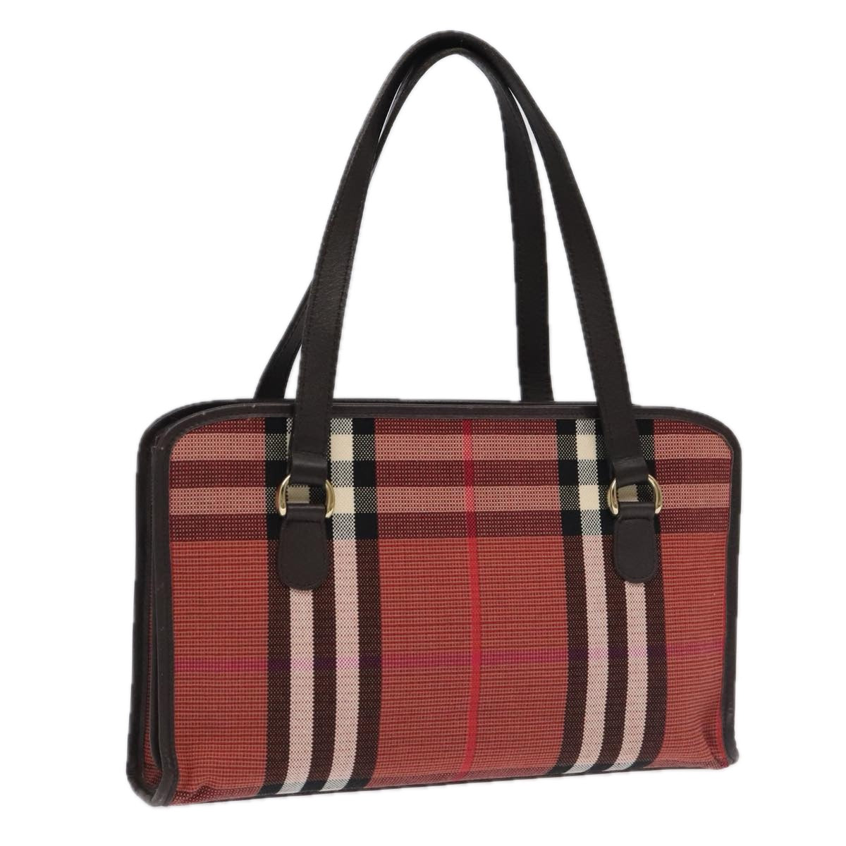 BURBERRY Nova Check Blue Label Hand Bag Canvas Pink Brown Gold Auth hk1799