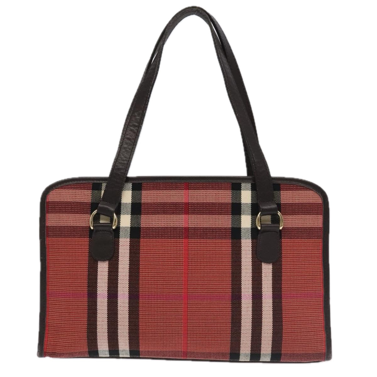 BURBERRY Nova Check Blue Label Hand Bag Canvas Pink Brown Gold Auth hk1799 - 0