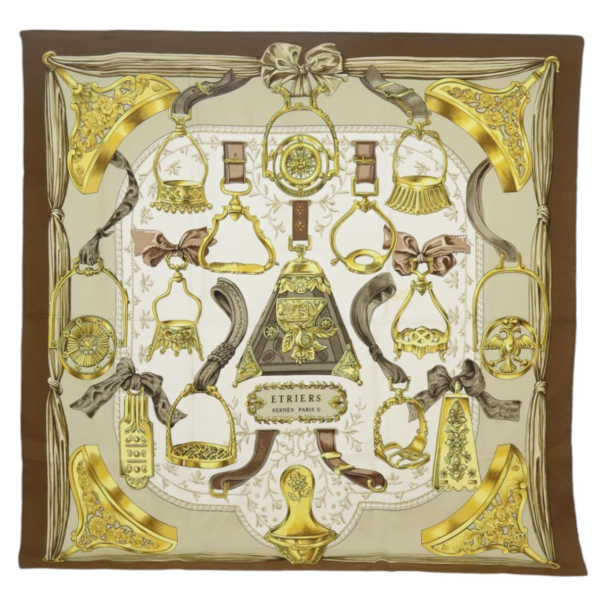 HERMES Carre 90 Scarf ""ETRIERS"" Silk Brown Auth hk1805