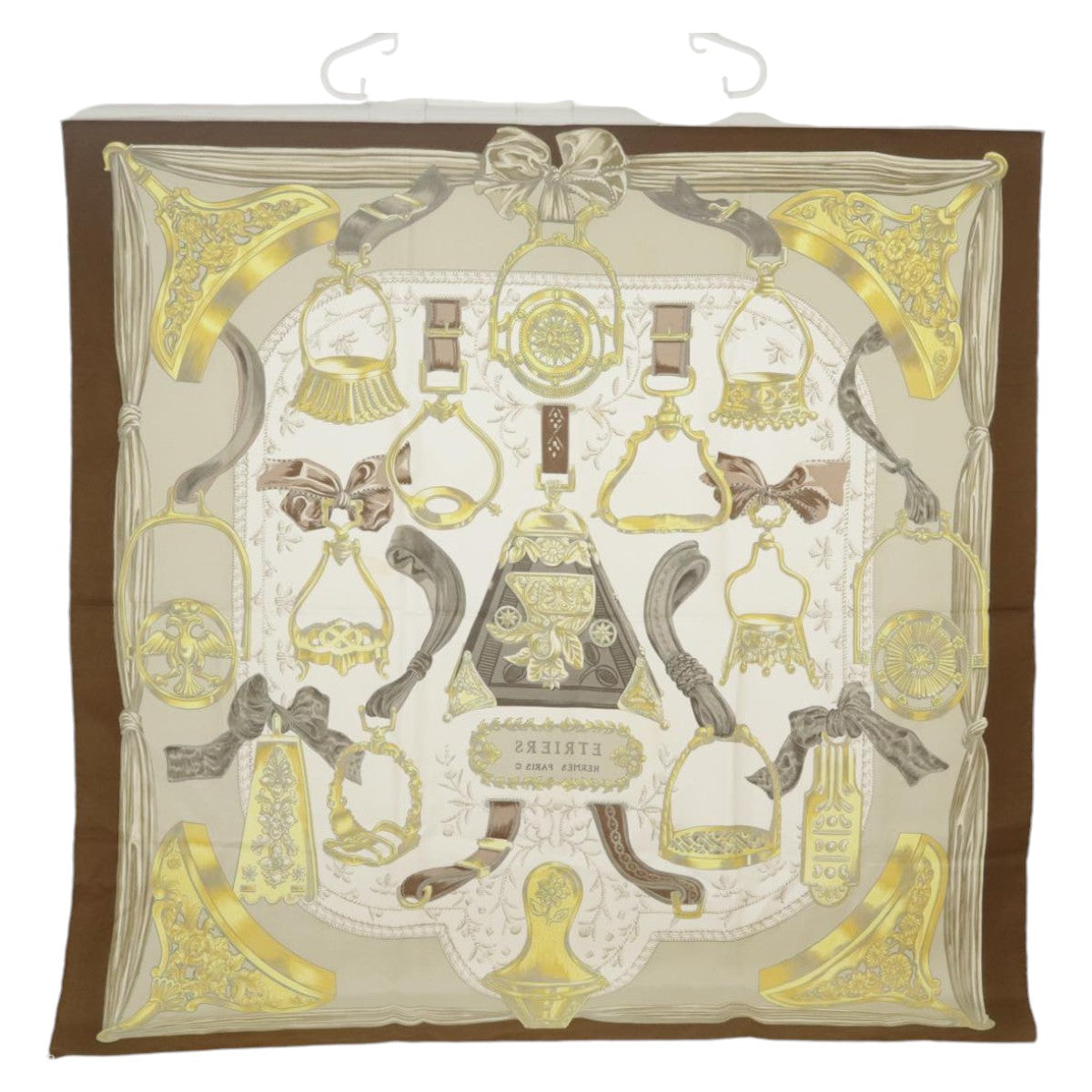 HERMES Carre 90 Scarf ""ETRIERS"" Silk Brown Auth hk1805 - 0