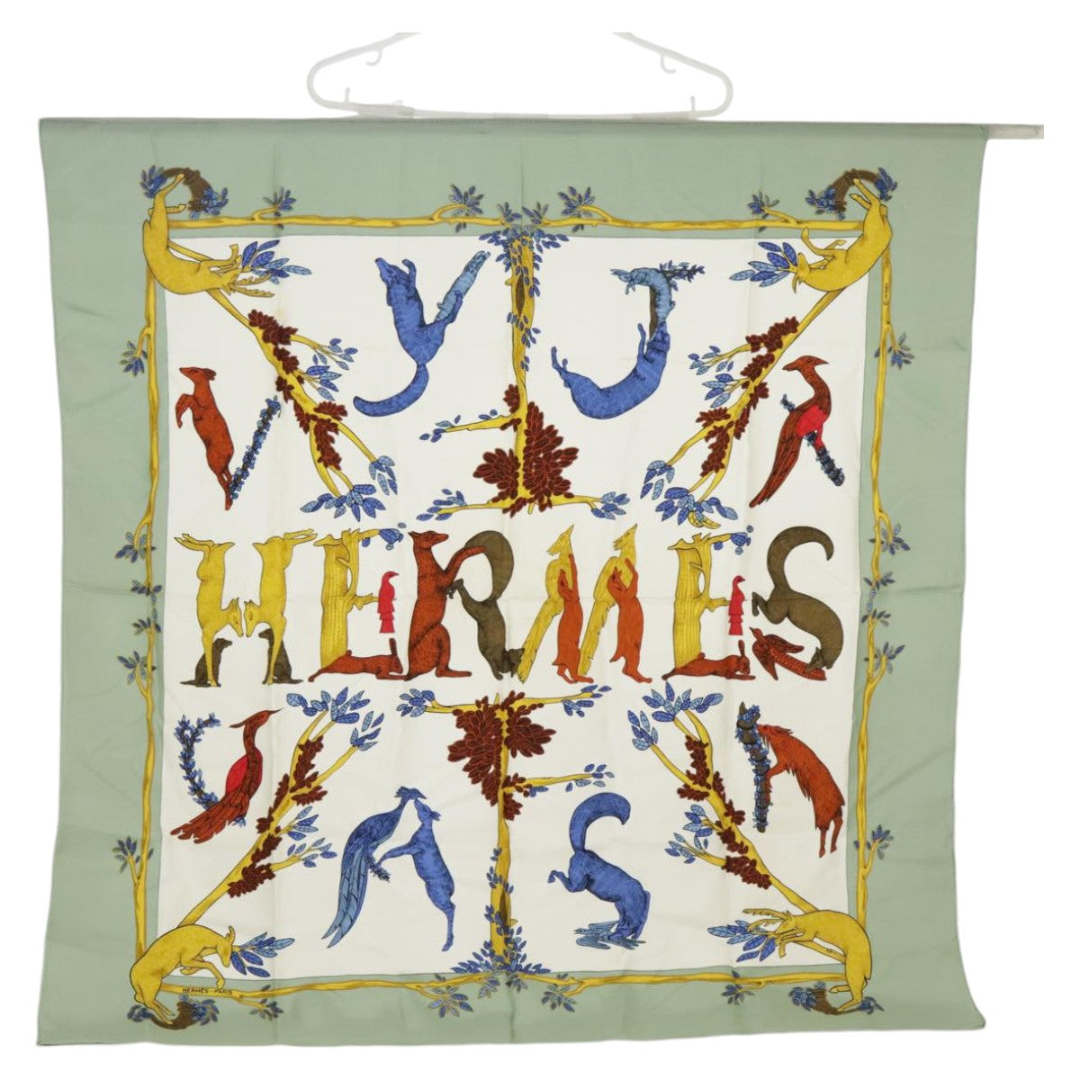 HERMES Carre 90 Scarf ""ANIMAL ALPHABET"" Silk Peppermint Auth hk1806