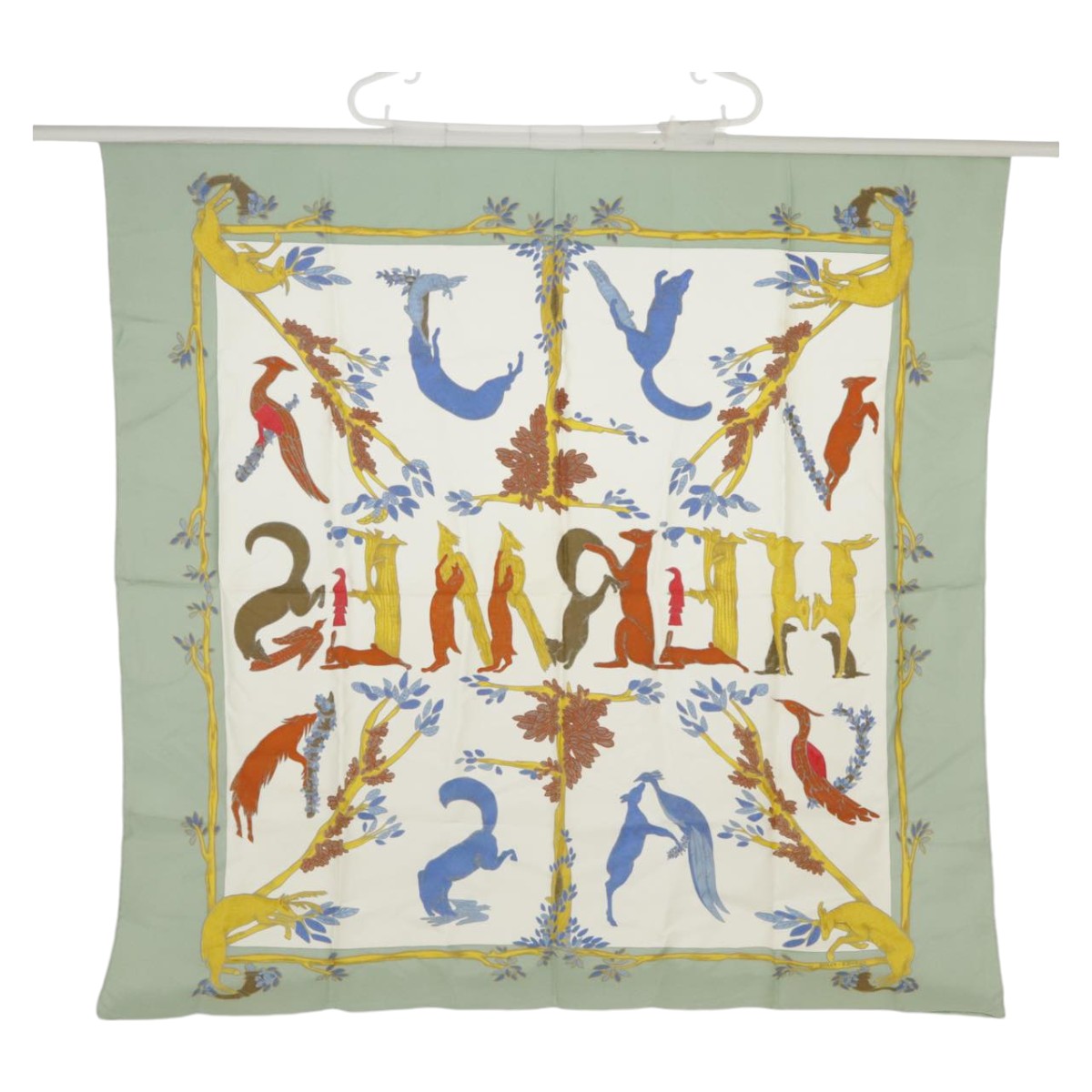 HERMES Carre 90 Scarf ""ANIMAL ALPHABET"" Silk Peppermint Auth hk1806