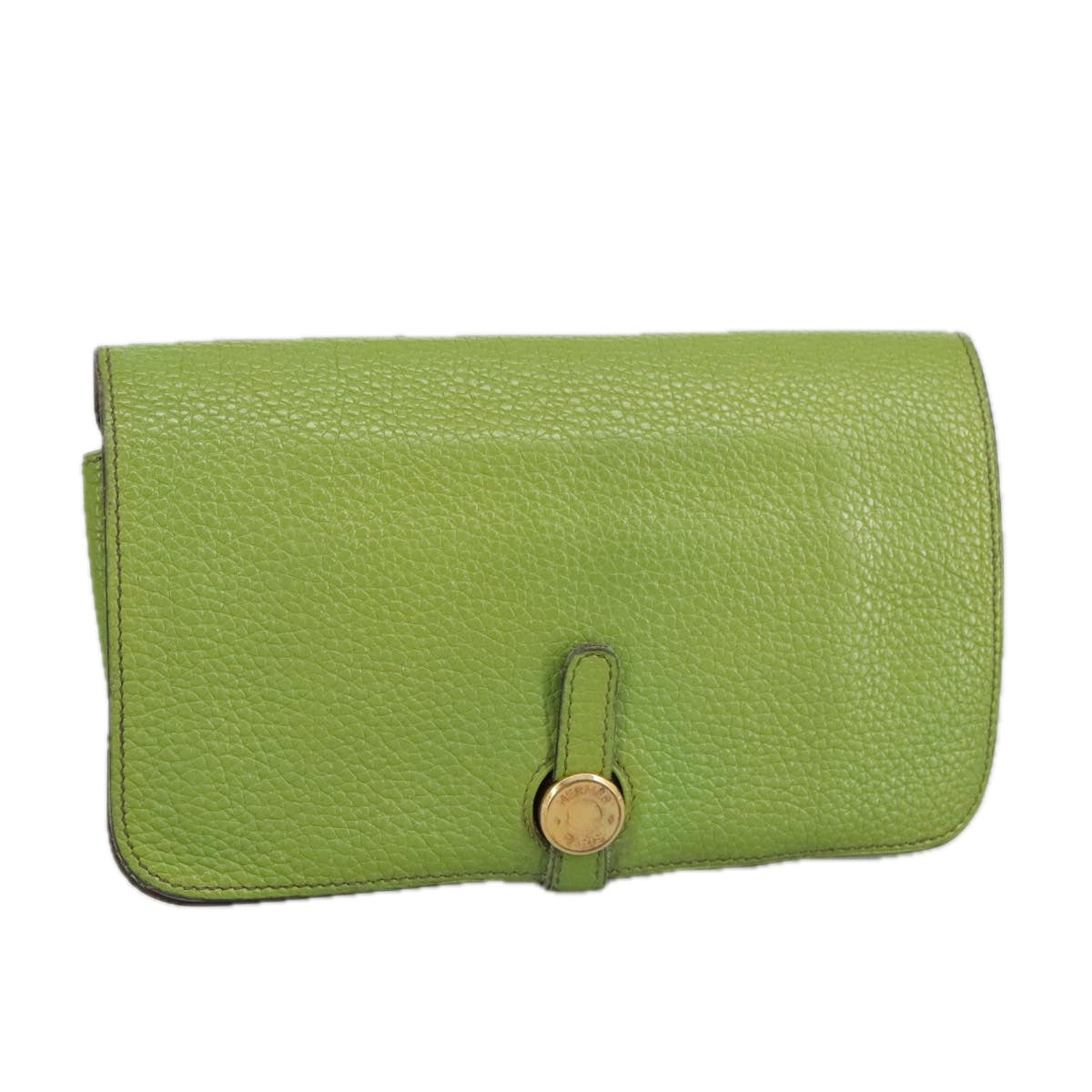 HERMES Dogon GM Wallet Leather Green Gold Auth hk1808