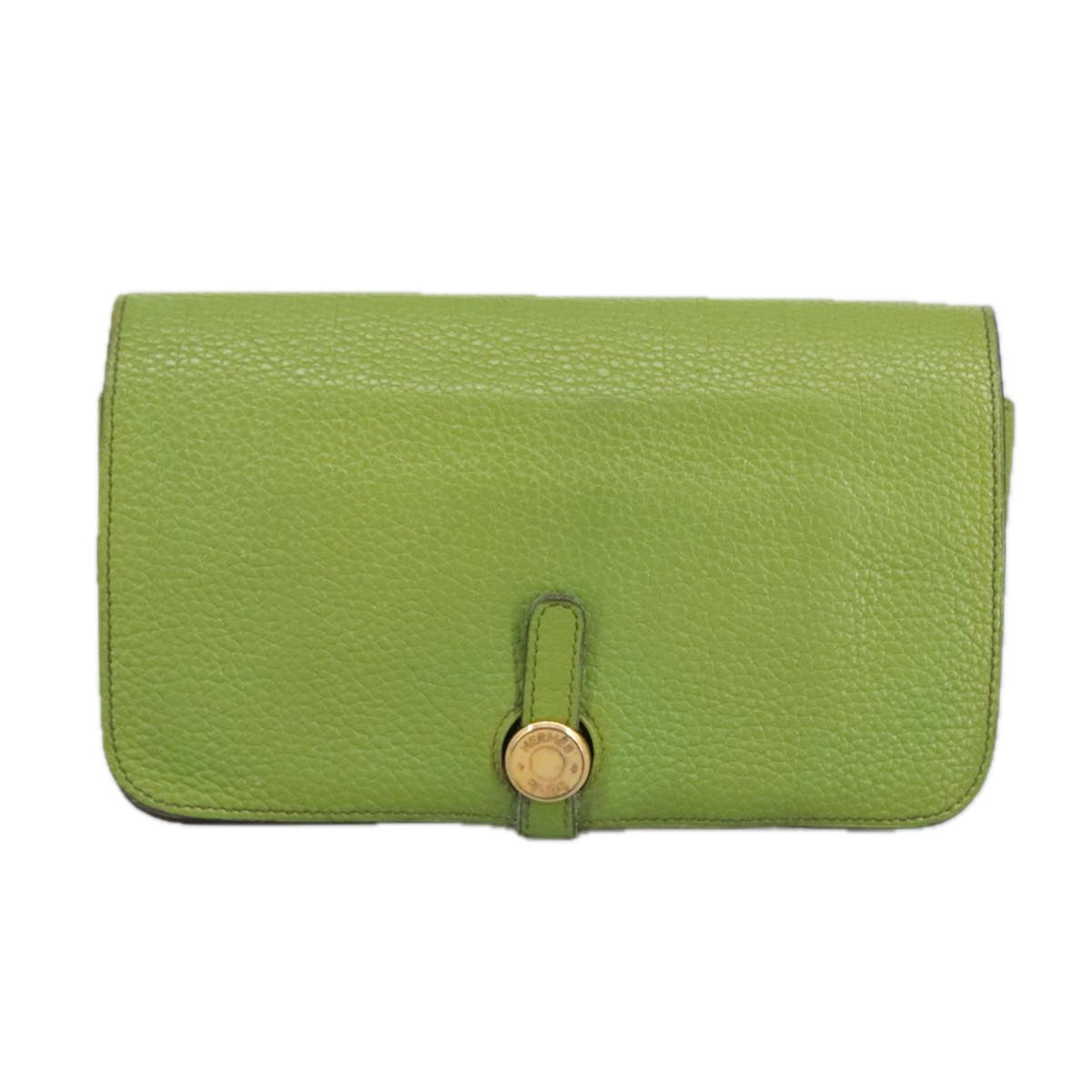 HERMES Dogon GM Wallet Leather Green Gold Auth hk1808